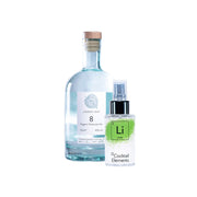 Linden Leaf 8 Organic Molecular Gin bottle with cork stopper alongside lime Cocktail Elements spray bottle on white background